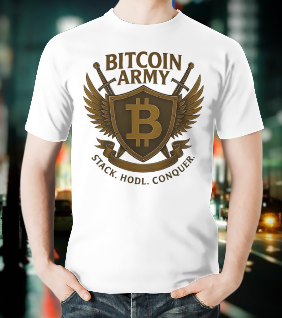 Bitcoin Army Shield Stack Hodl Conquer Crypto Warriors T-Shirt
