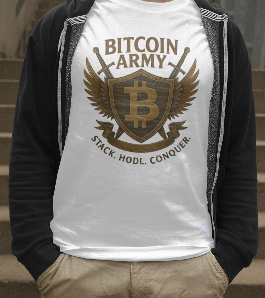 Bitcoin Army Shield Stack Hodl Conquer Crypto Warriors T-Shirt