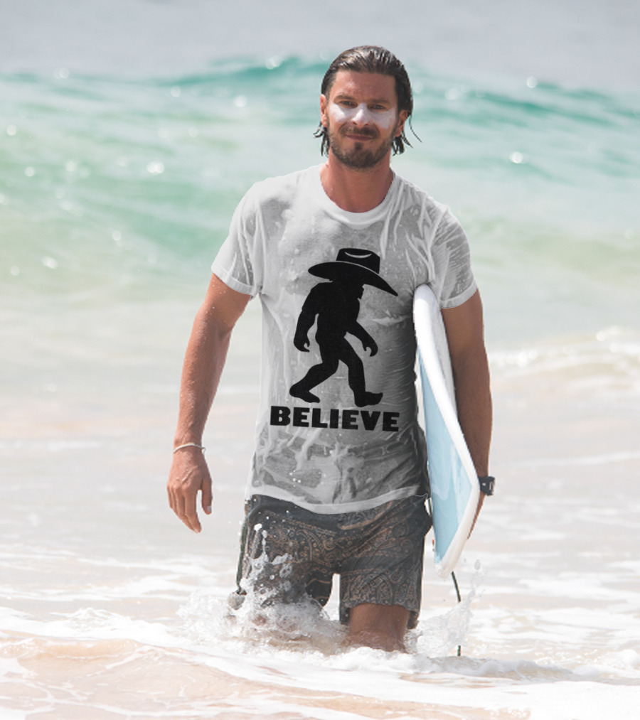 Believe Bigfoot Cowboy Hat Western Myth Legend T-Shirt