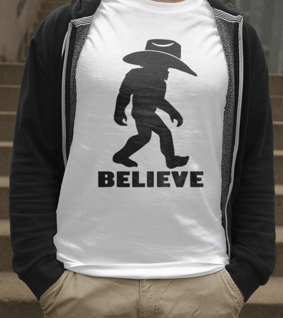 Believe Bigfoot Cowboy Hat Western Myth Legend T-Shirt