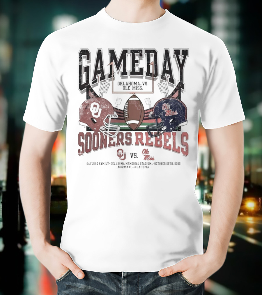 Gameday Oklahoma Sooners Vs Ole Miss Rebels Gaylord Family Oklahoma Memorial Stadium Football Helmets T-Shirt