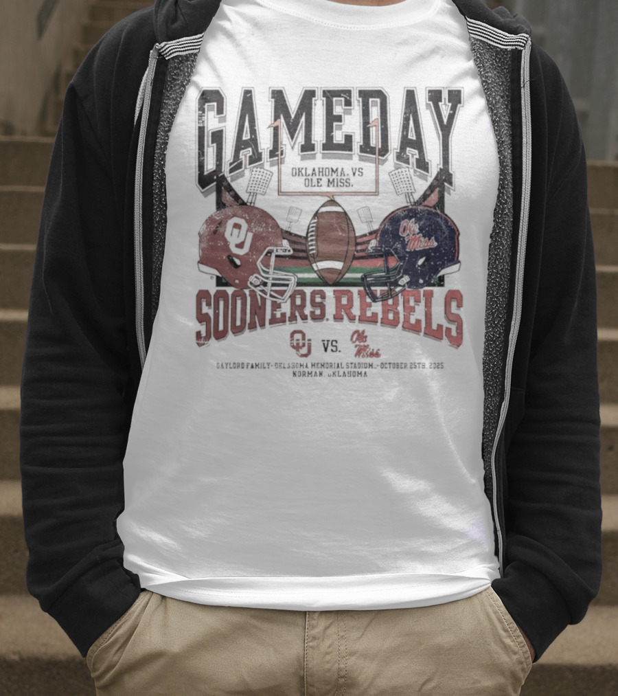 Gameday Oklahoma Sooners Vs Ole Miss Rebels Gaylord Family Oklahoma Memorial Stadium Football Helmets T-Shirt
