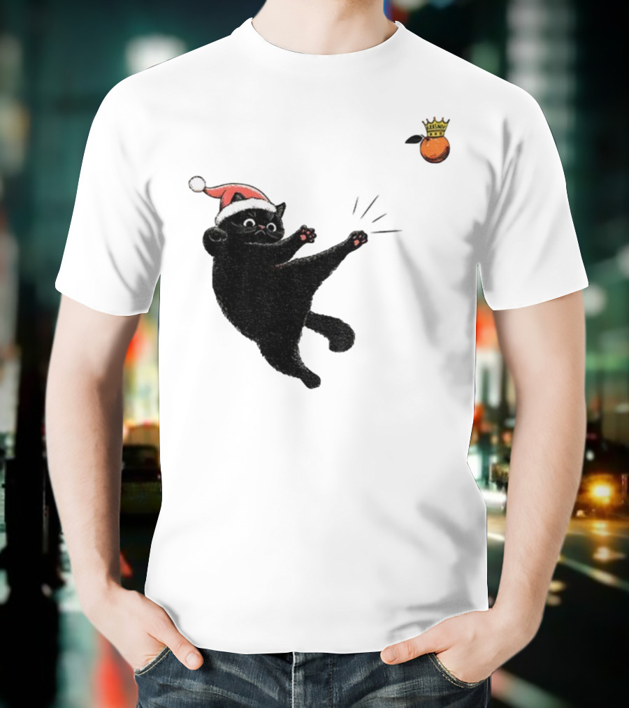Black Cat Santa Hat Kicking Crowned Orange No Kings Christmas Anti-Trump T-Shirt