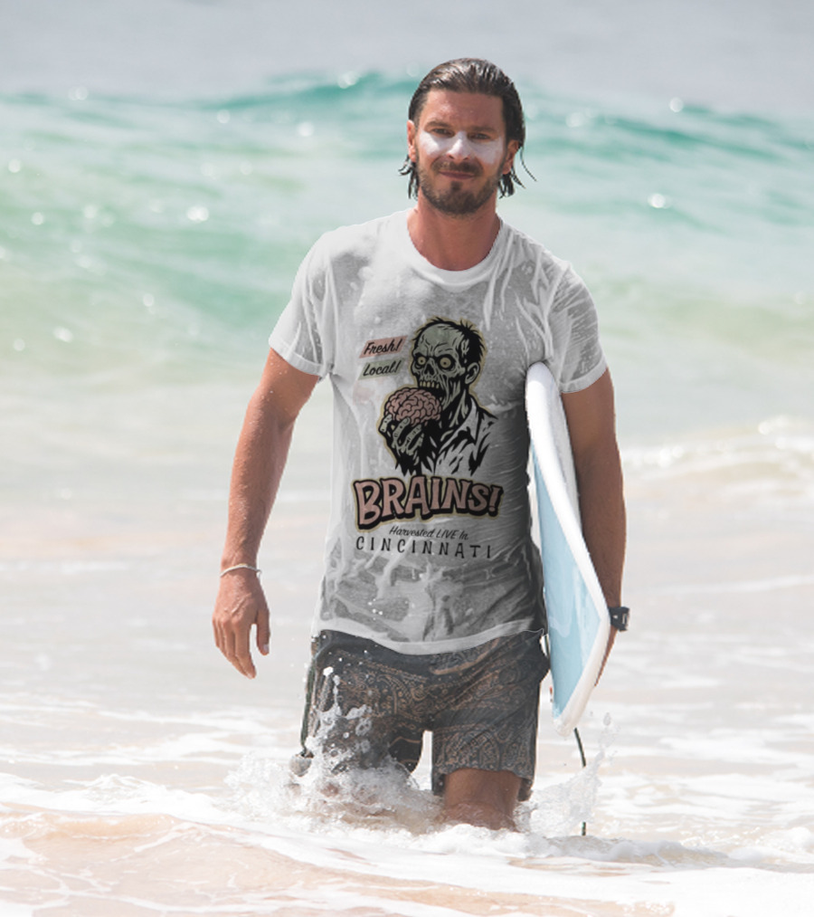 Fresh Local Brains Harvested Live Monster Cincinnati Zombie T-Shirt