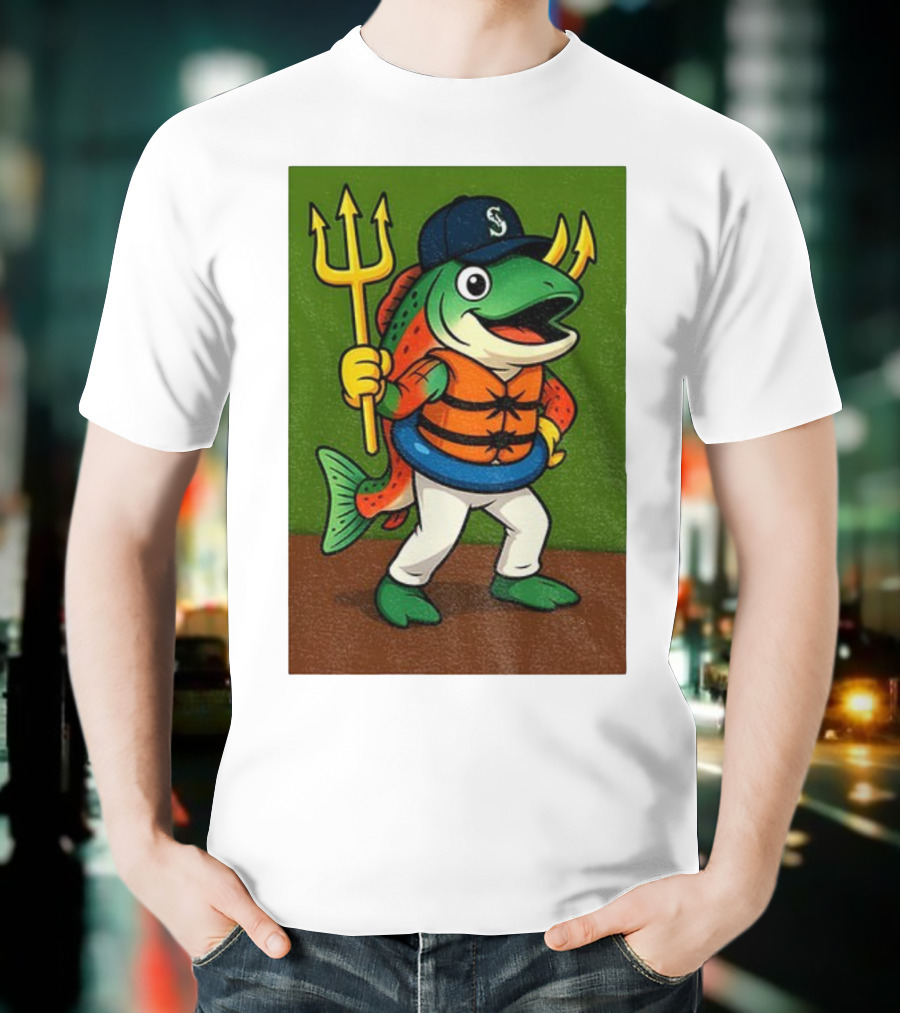 Seattle Mariners 2025 Humpy Salmon Mascot With Trident T-Shirt