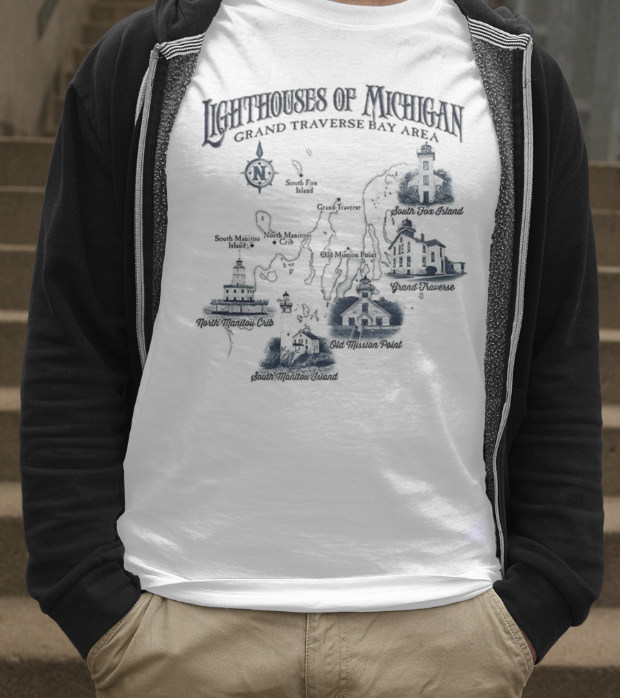 Lighthouses Of Michigan Grand Traverse Bay Area White Shoal South Fox Island Old Mission Grand Traverse South Manitou Northport T-Shirt