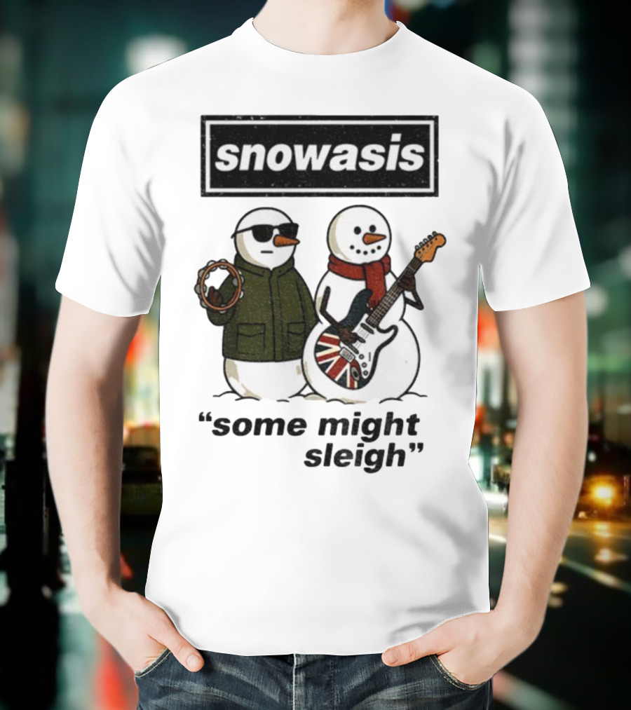 Snowasis Some Might Sleigh Christmas Snowmen With Guitars And Tambourine T-Shirt