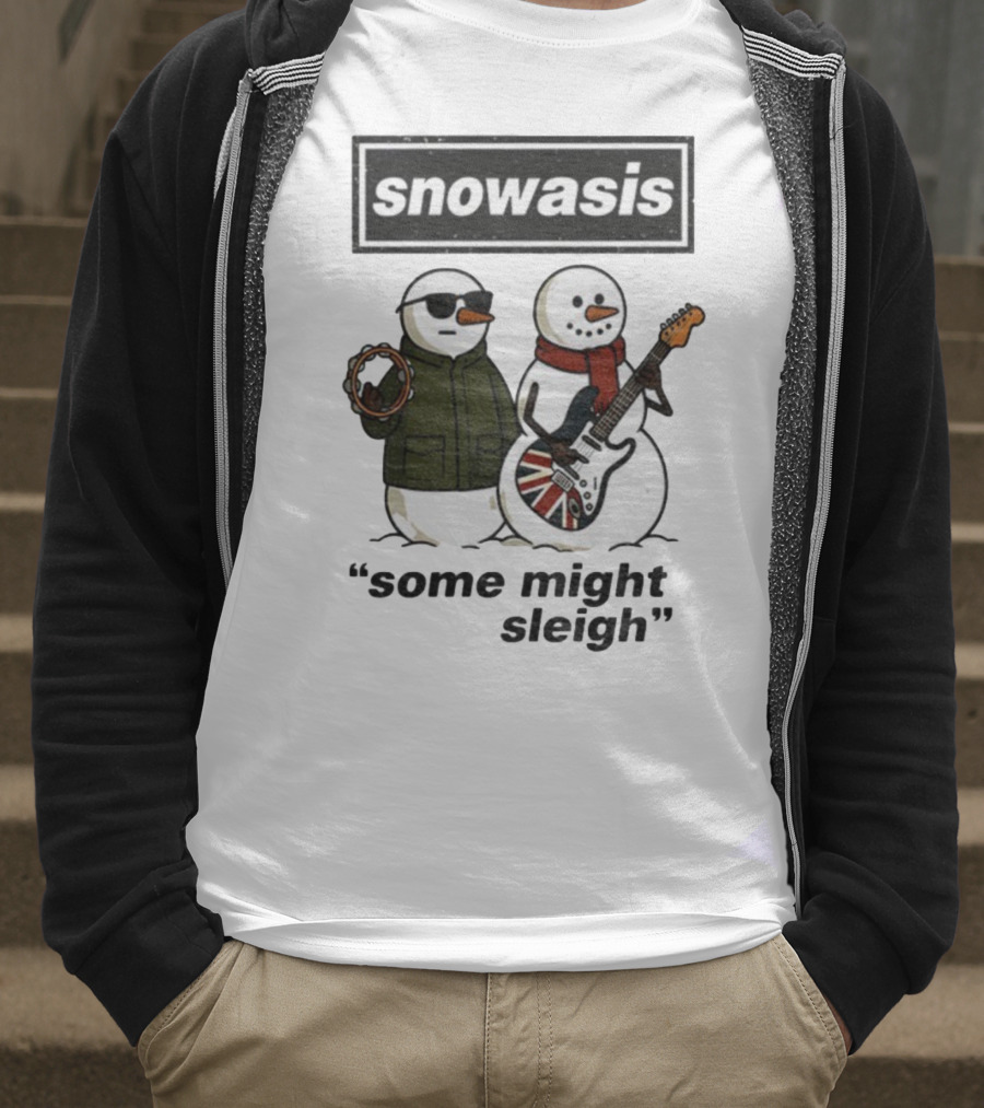Snowasis Some Might Sleigh Christmas Snowmen With Guitars And Tambourine T-Shirt