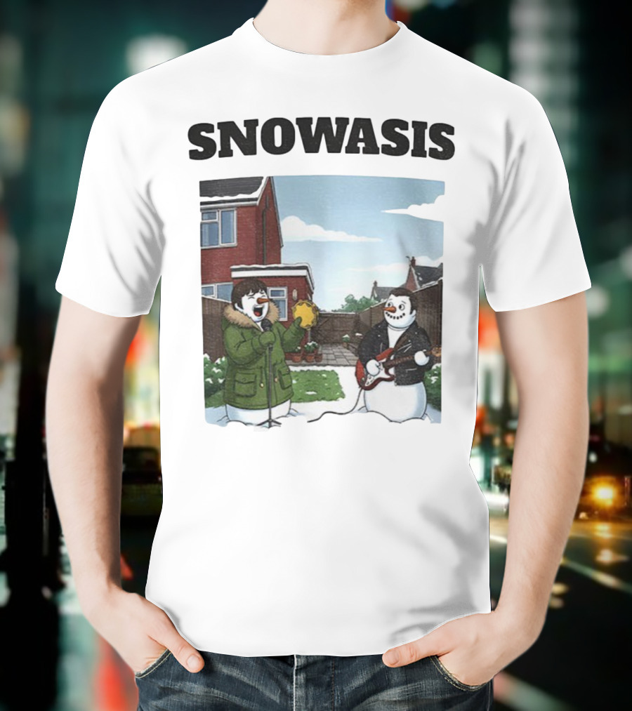 Snowasis Snowman Winter Oasis Vintage Guitar Tambourine Scene T-Shirt