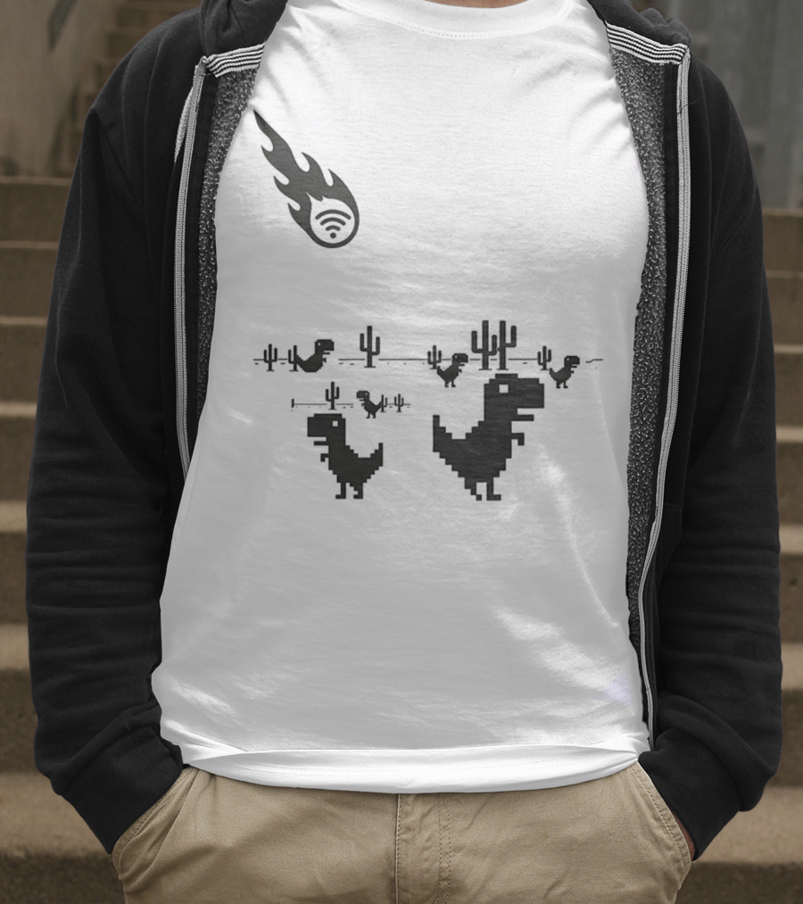 WiFi Meteor Extinction Dinosaur Game Pixel Art T-Shirt