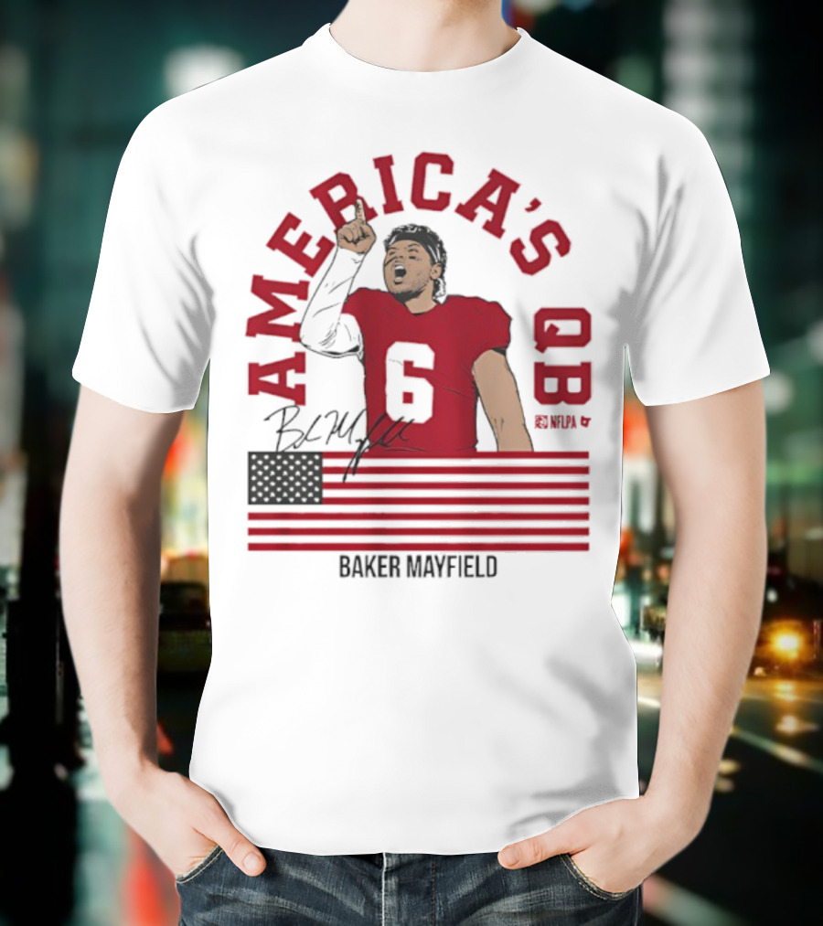 Baker Mayfield America's QB Number 6 USA Flag Signature T-Shirt