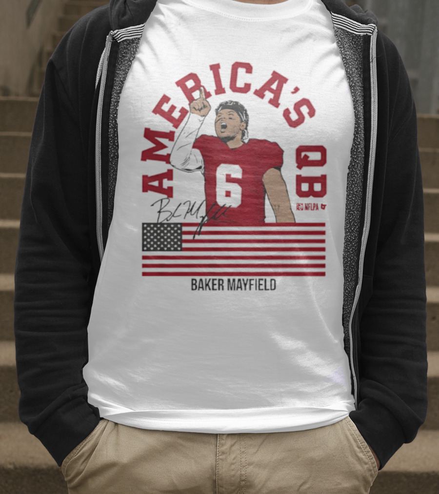 Baker Mayfield America's QB Number 6 USA Flag Signature T-Shirt