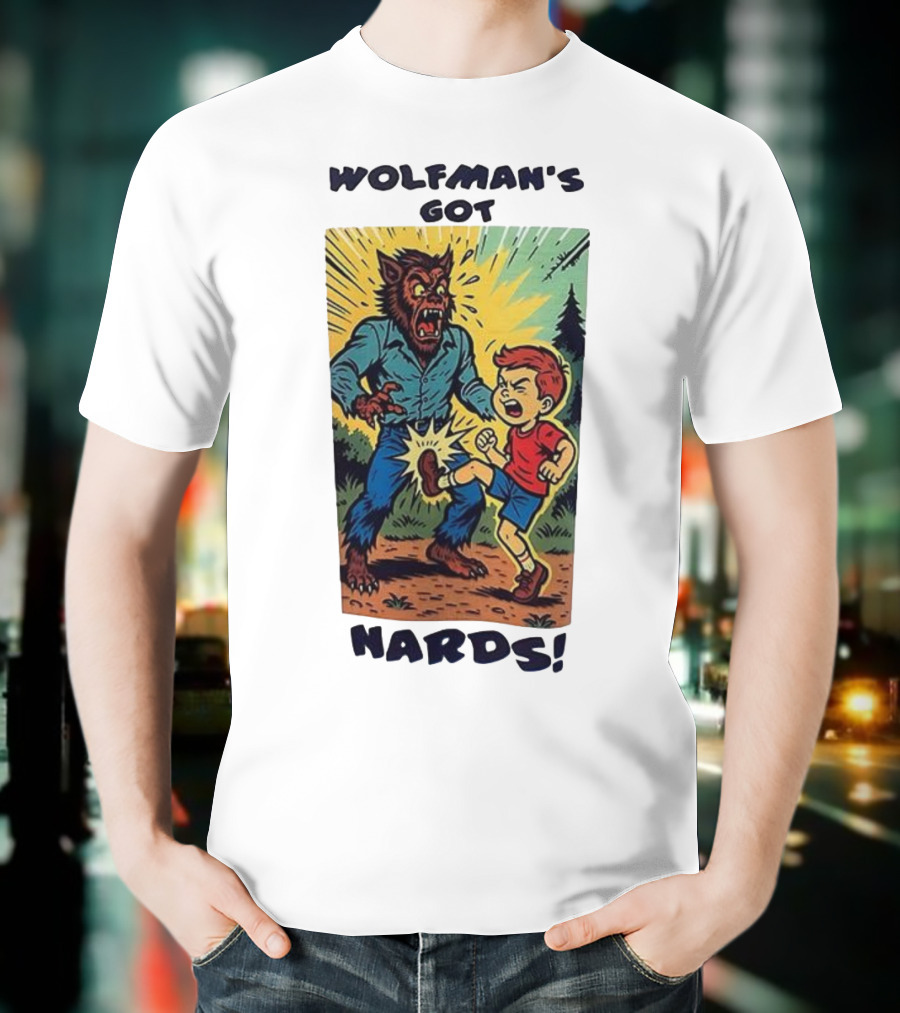 Wolfman’s Got Nards Vintage Comic Style Kid Kicking Wolfman T-Shirt