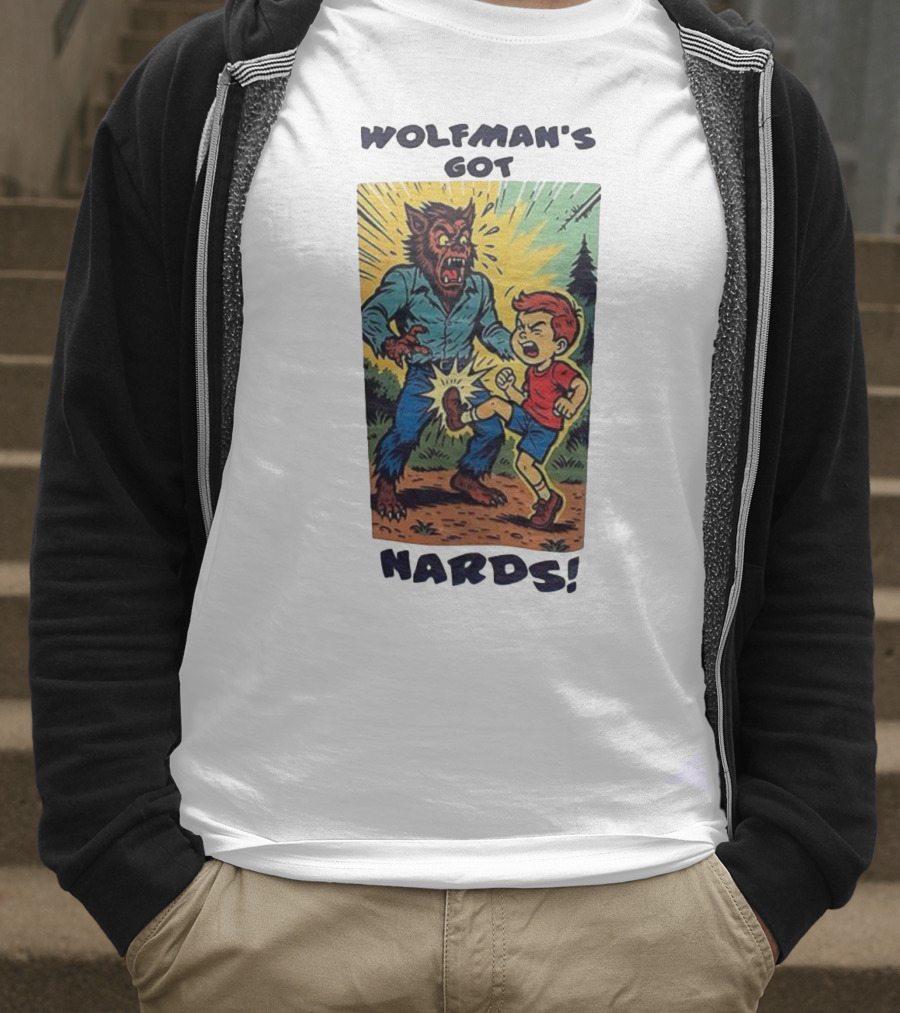 Wolfman’s Got Nards Vintage Comic Style Kid Kicking Wolfman T-Shirt