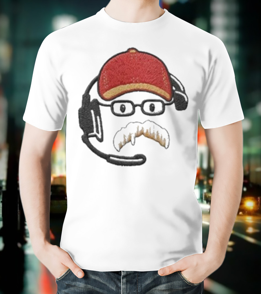 Andy Reid Kansas City Chiefs Coach Embroidered Patch Style With Red Cap And Headset T-Shirt