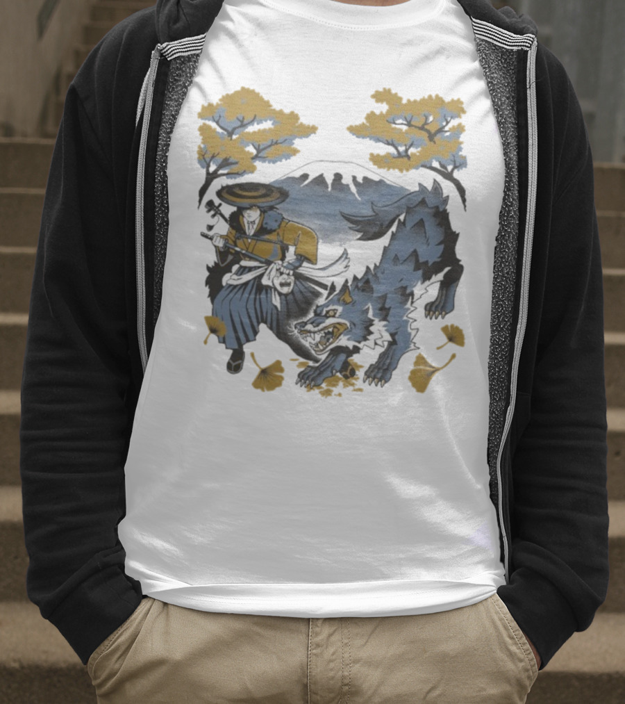 Ghost Of Yotei The Hunters Ukiyo-e Warrior With Wolf Mythical Scene T-Shirt