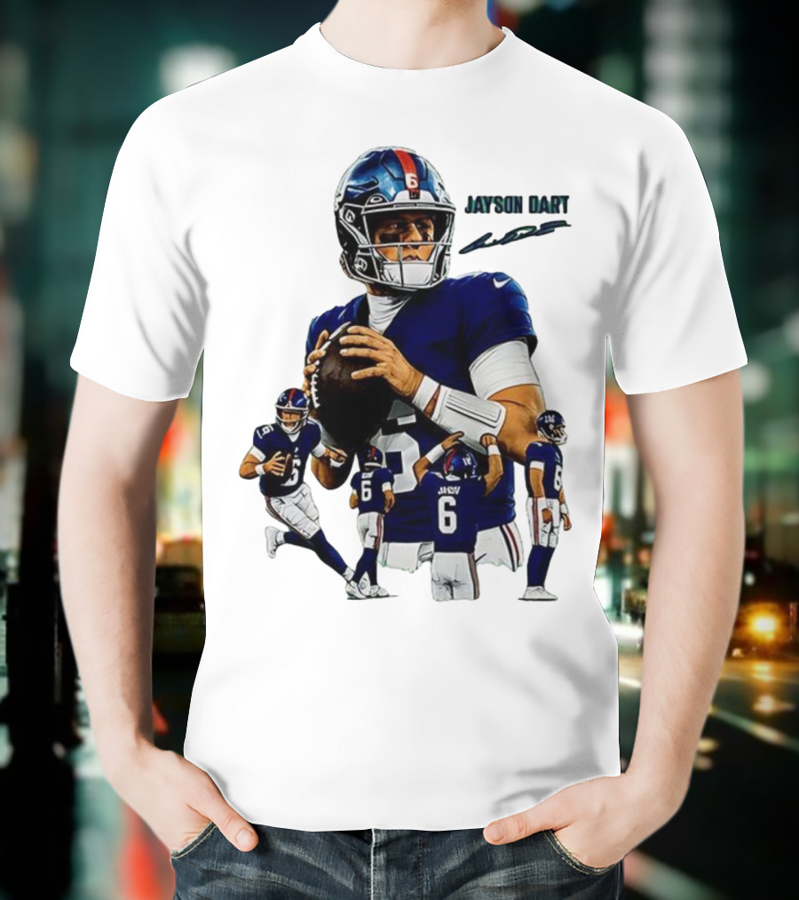 Jaxson Dart New York Giants NFL Football Signature Quarterback Action T-Shirt