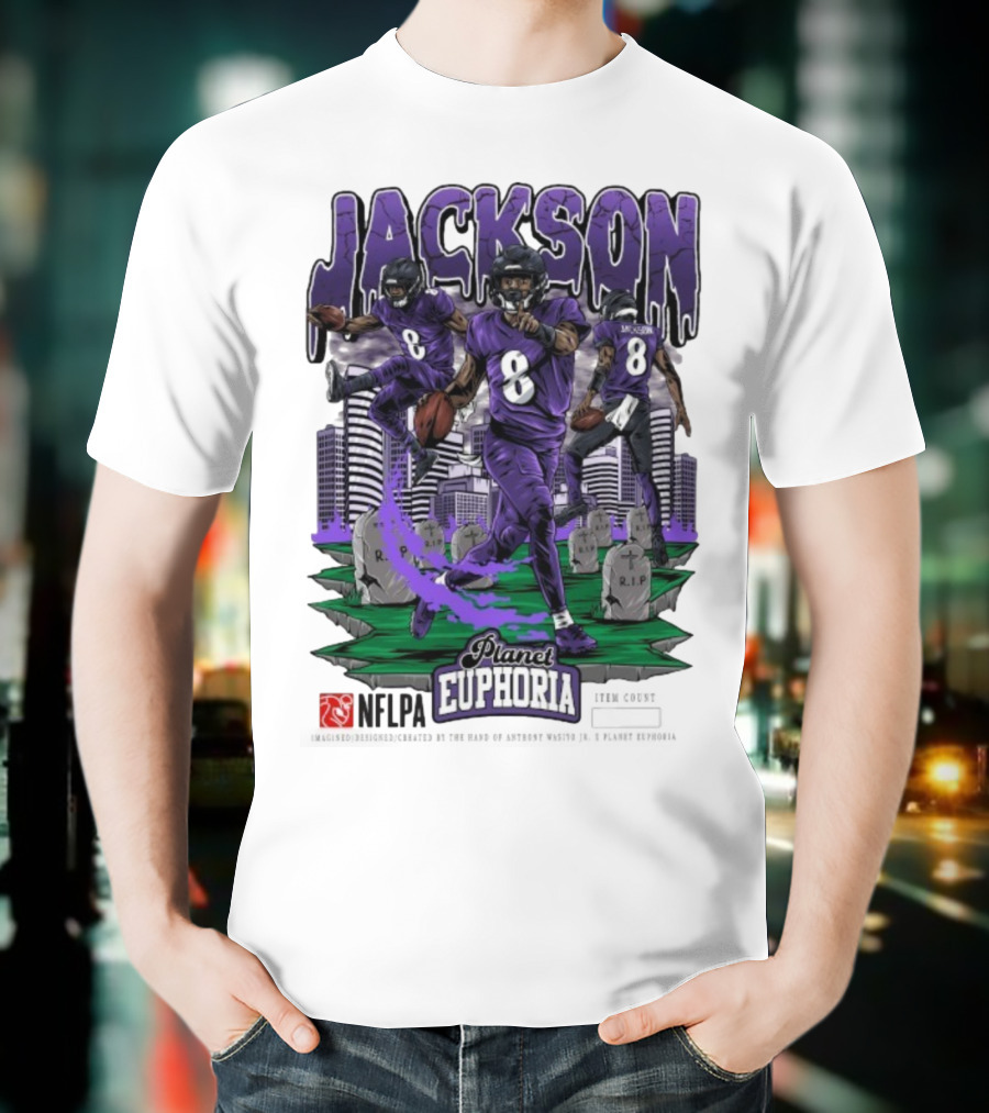 Lamar Jackson NFLPA Planet Euphoria Purple Football Action T-Shirt