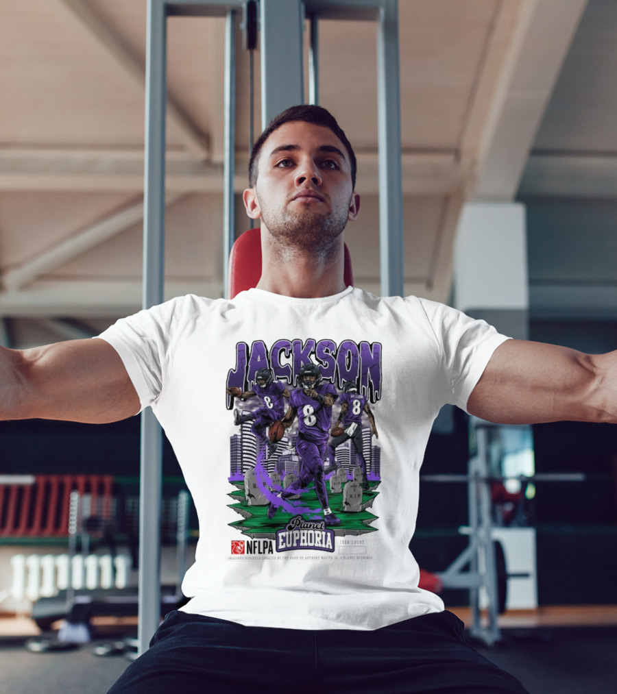 Lamar Jackson NFLPA Planet Euphoria Purple Football Action T-Shirt