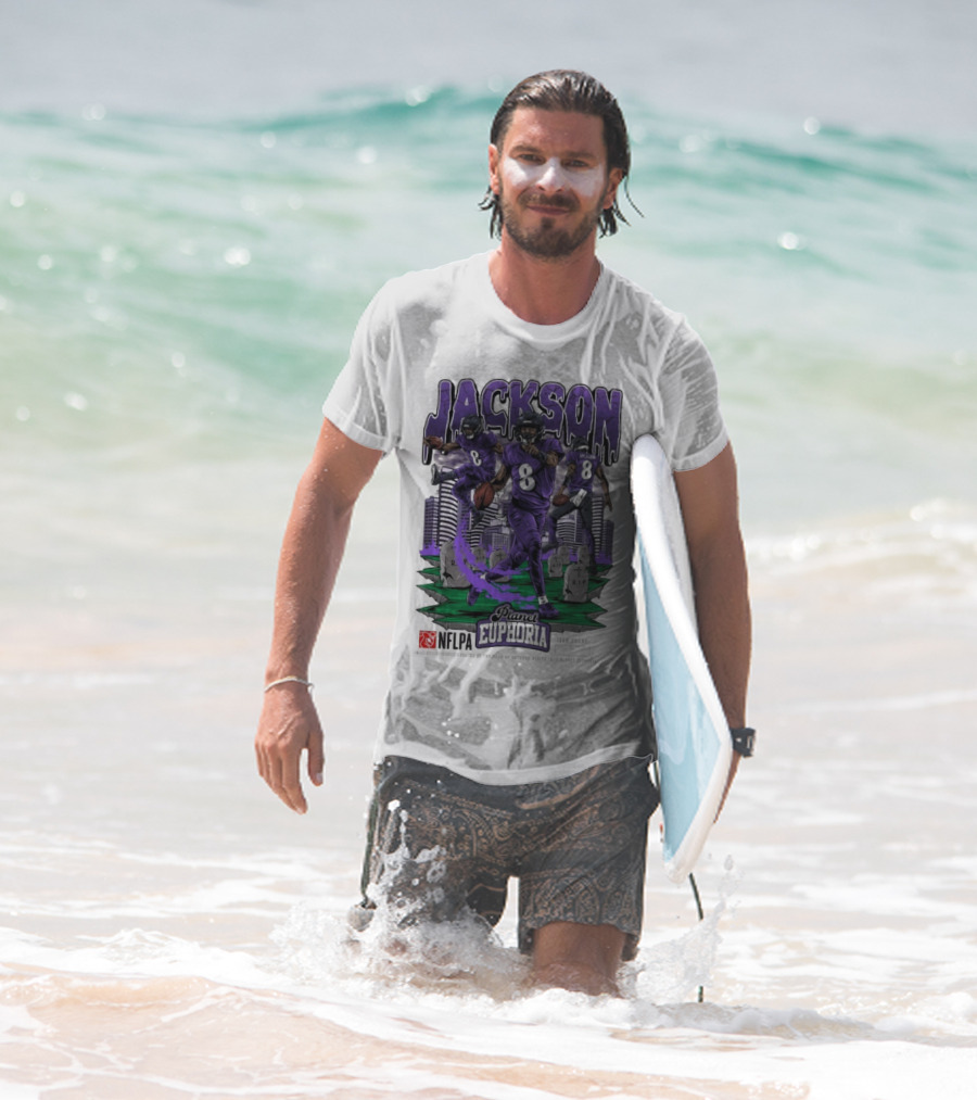 Lamar Jackson NFLPA Planet Euphoria Purple Football Action T-Shirt