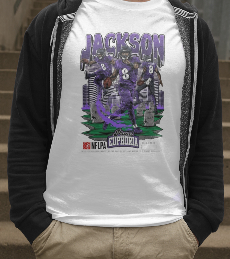 Lamar Jackson NFLPA Planet Euphoria Purple Football Action T-Shirt