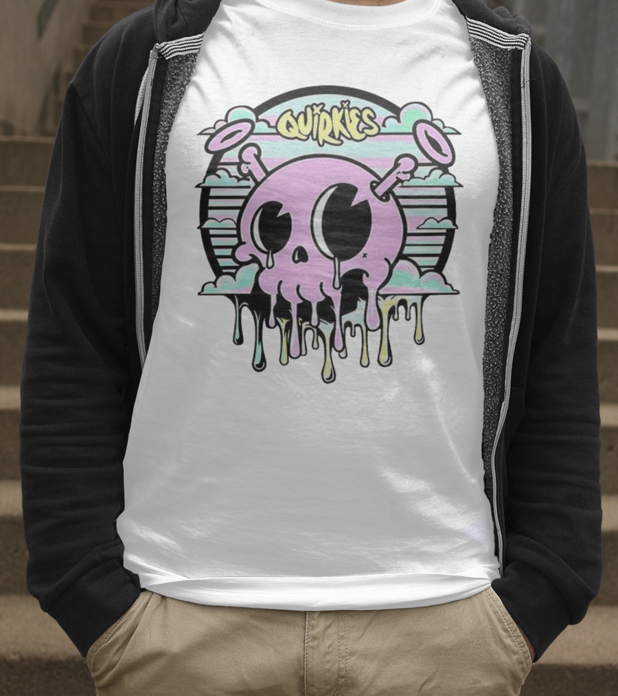 Quirkies Melting Skull With Two Crossbones Vintage Pastel Clouds T-Shirt