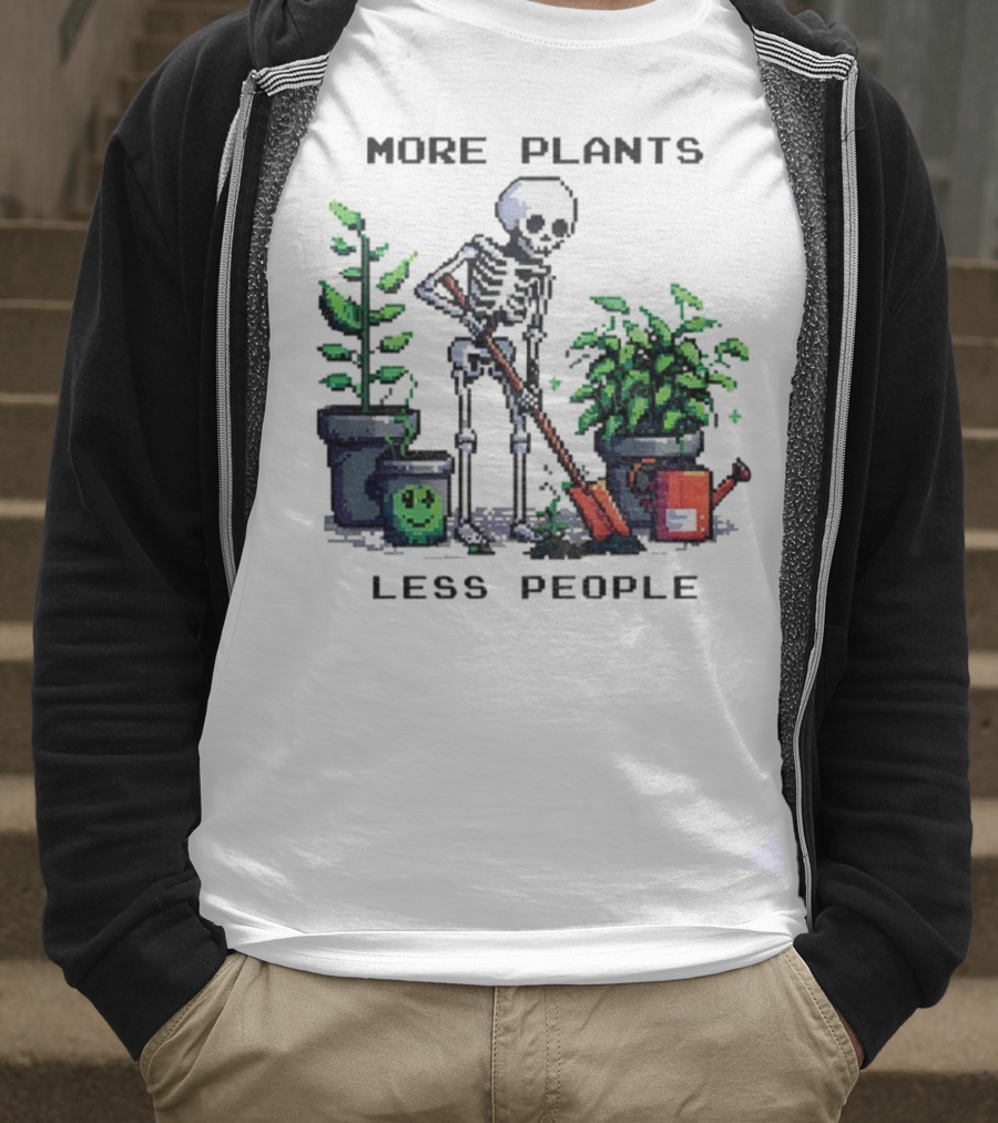 Skeleton Gardening More Plants Less People Pixel Art T-Shirt