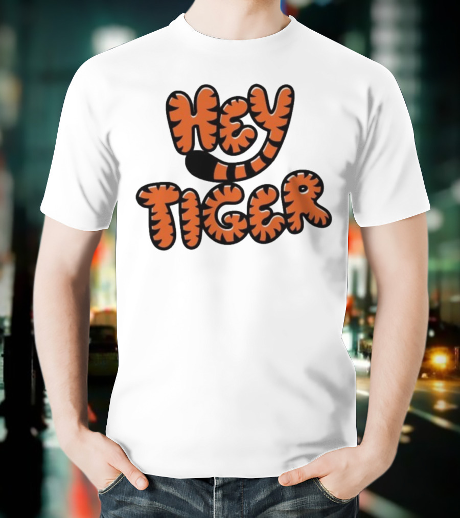 Cincinnati Bengals Hey Tiger Striped Bubble Letter Tiger Tail Pattern T-Shirt