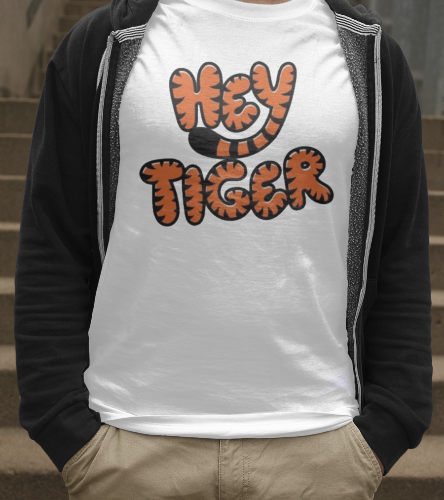 Cincinnati Bengals Hey Tiger Striped Bubble Letter Tiger Tail Pattern T-Shirt