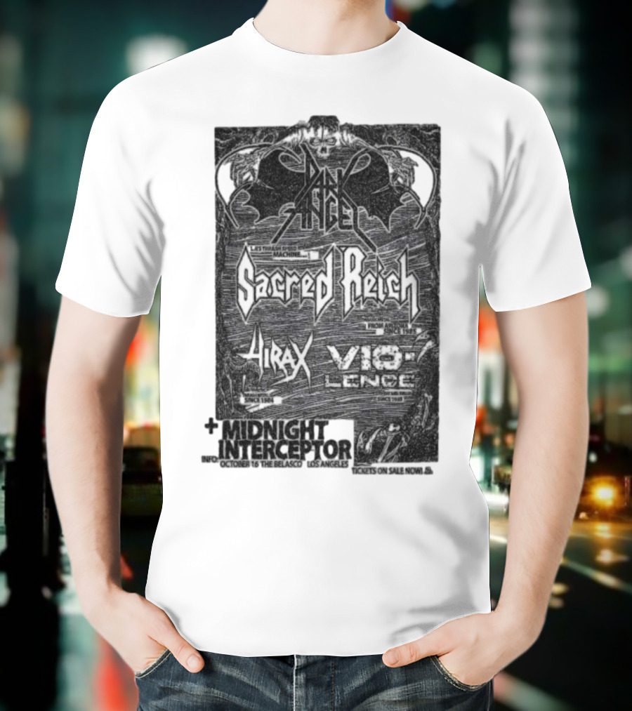 Dark Angel Sacred Reich Hirax Vio-Lence Midnight Interceptor The Belasco Los Angeles October 16 2025 T-Shirt