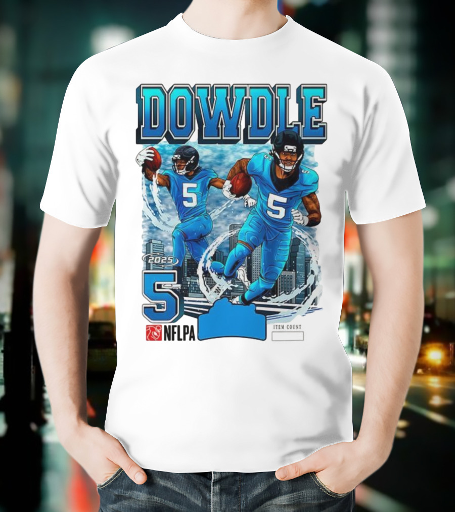 Rico Dowdle Carolina Panthers 2025 Number 5 Skyline NFLPA T-Shirt