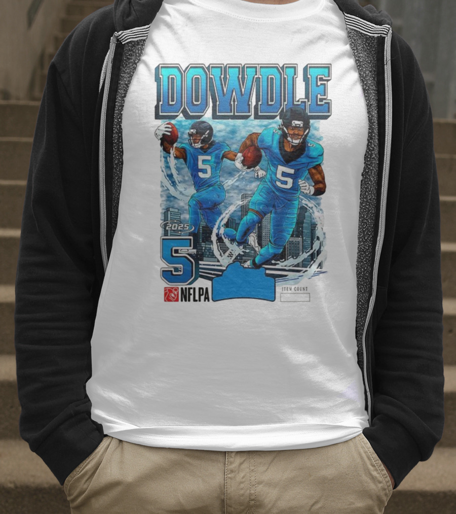 Rico Dowdle Carolina Panthers 2025 Number 5 Skyline NFLPA T-Shirt