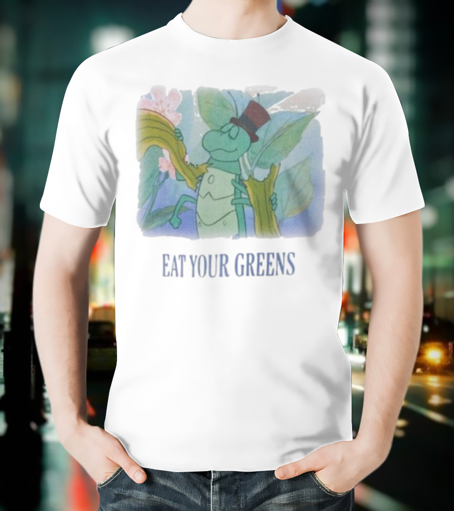 Eat Your Greens Cartoon Grasshopper Top Hat Celery Art T-Shirt