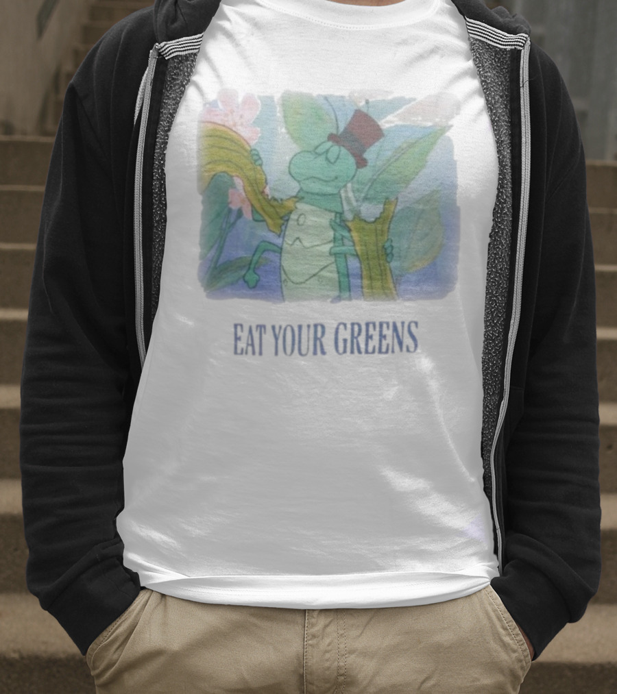 Eat Your Greens Cartoon Grasshopper Top Hat Celery Art T-Shirt