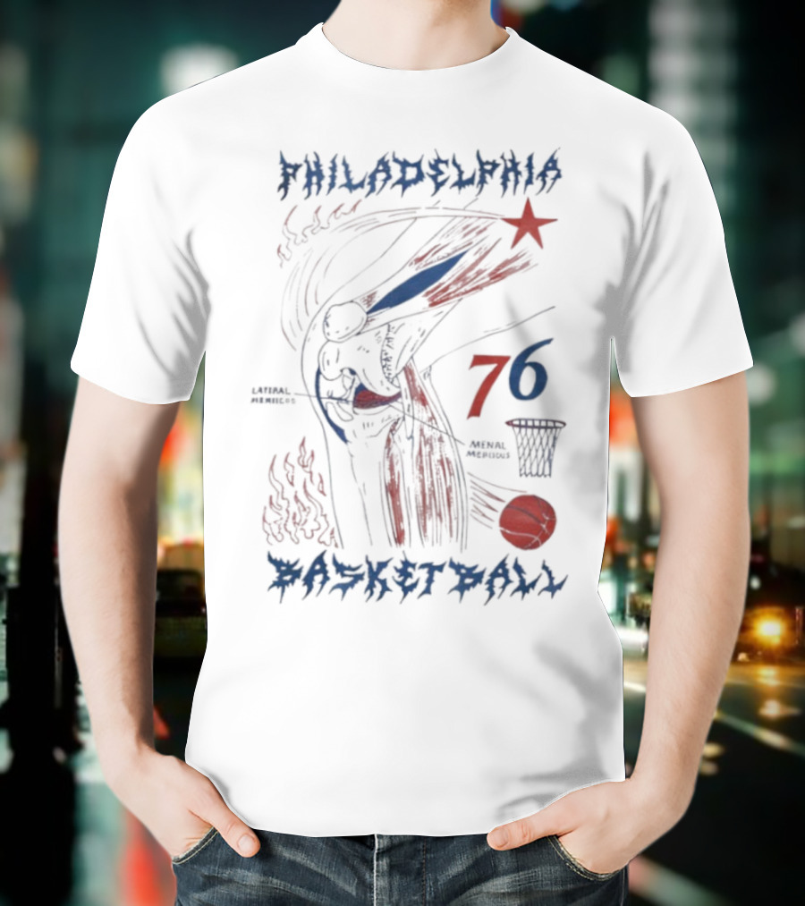 Philadelphia Basketball Red Blue Artistic 76 Star Knee Sketch T-Shirt