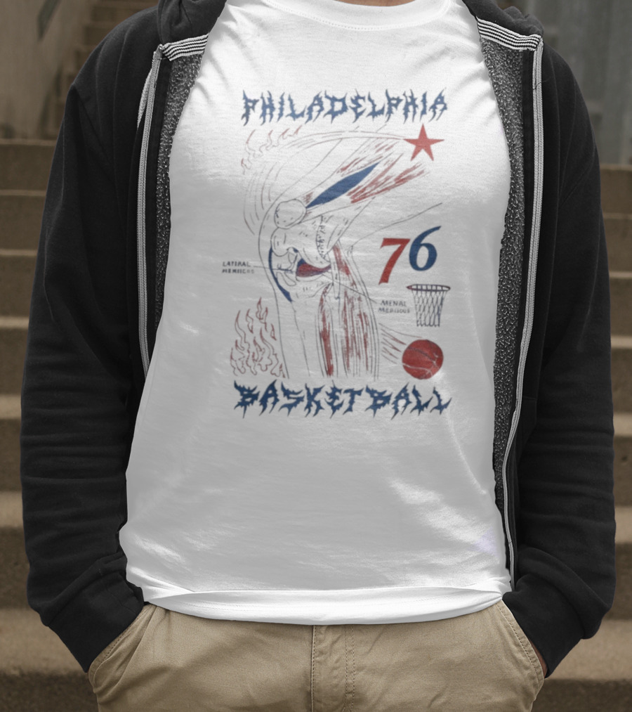 Philadelphia Basketball Red Blue Artistic 76 Star Knee Sketch T-Shirt