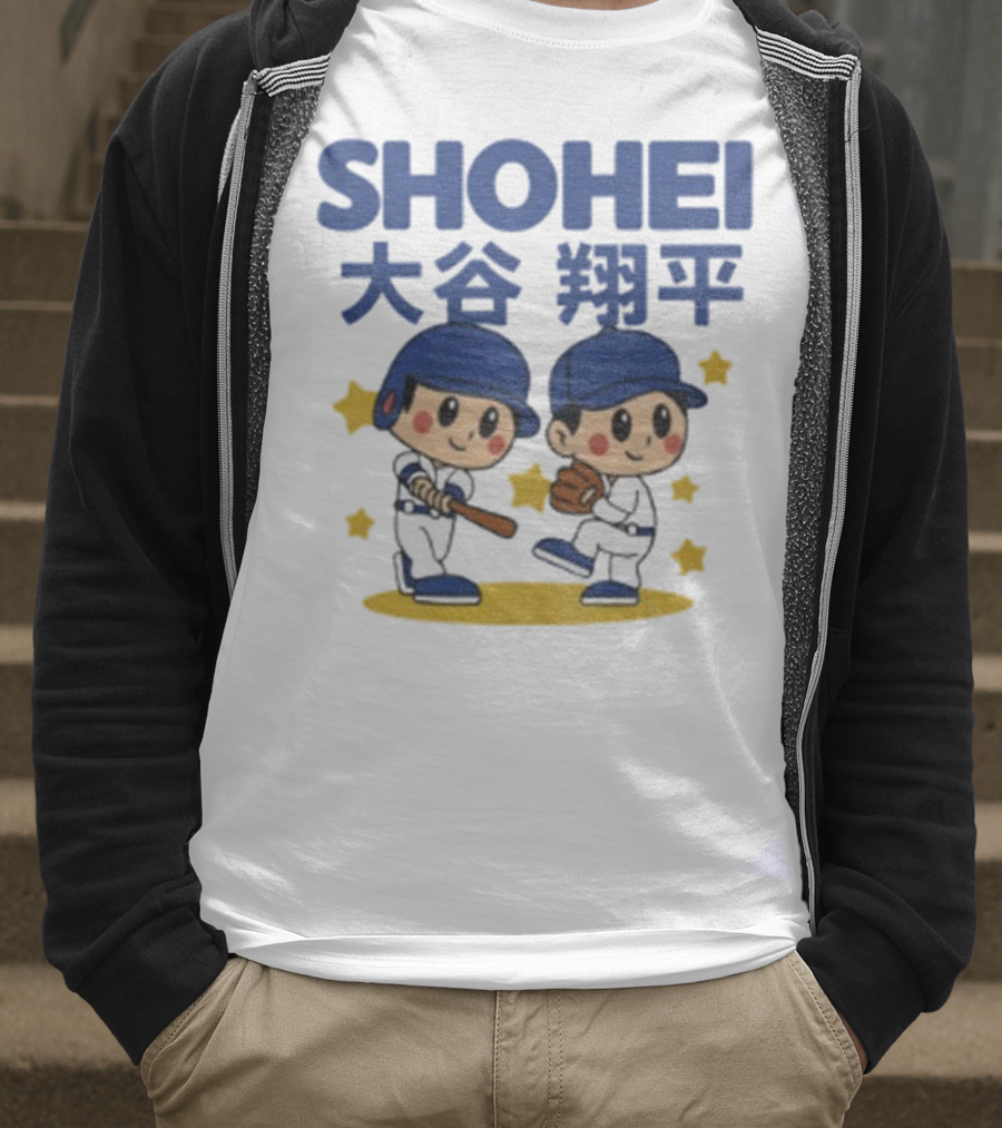 Shohei Ohtani Cartoon Baseball MLB Anime Style Kanji Stars T-Shirt