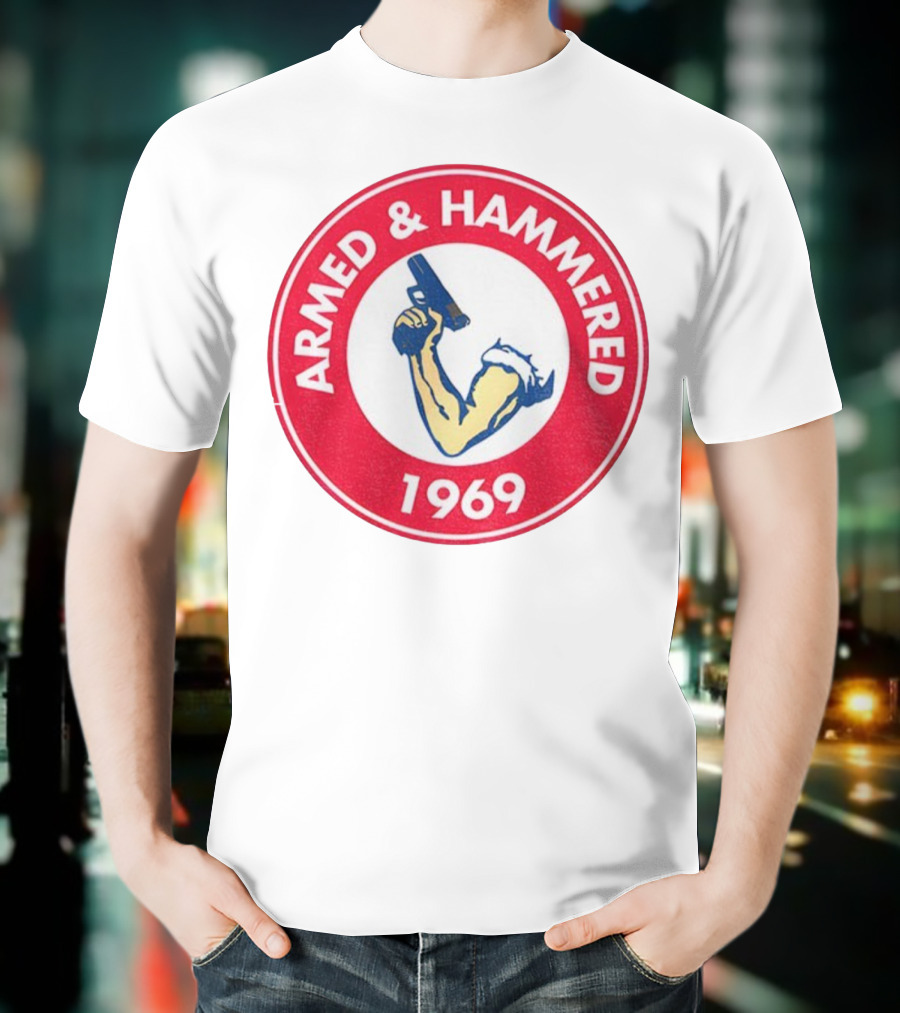 Armed And Hammered 1969 Circle Red And White Vintage Arm With Gun T-Shirt