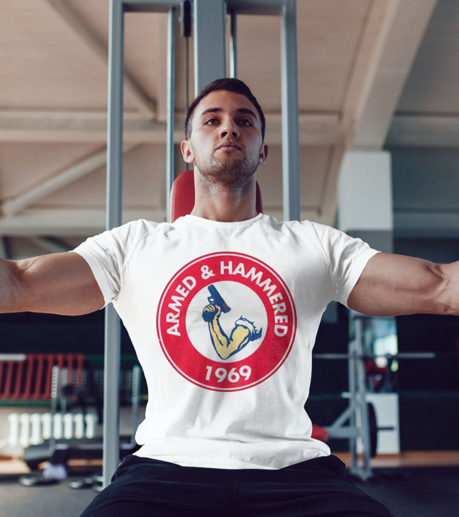 Armed And Hammered 1969 Circle Red And White Vintage Arm With Gun T-Shirt