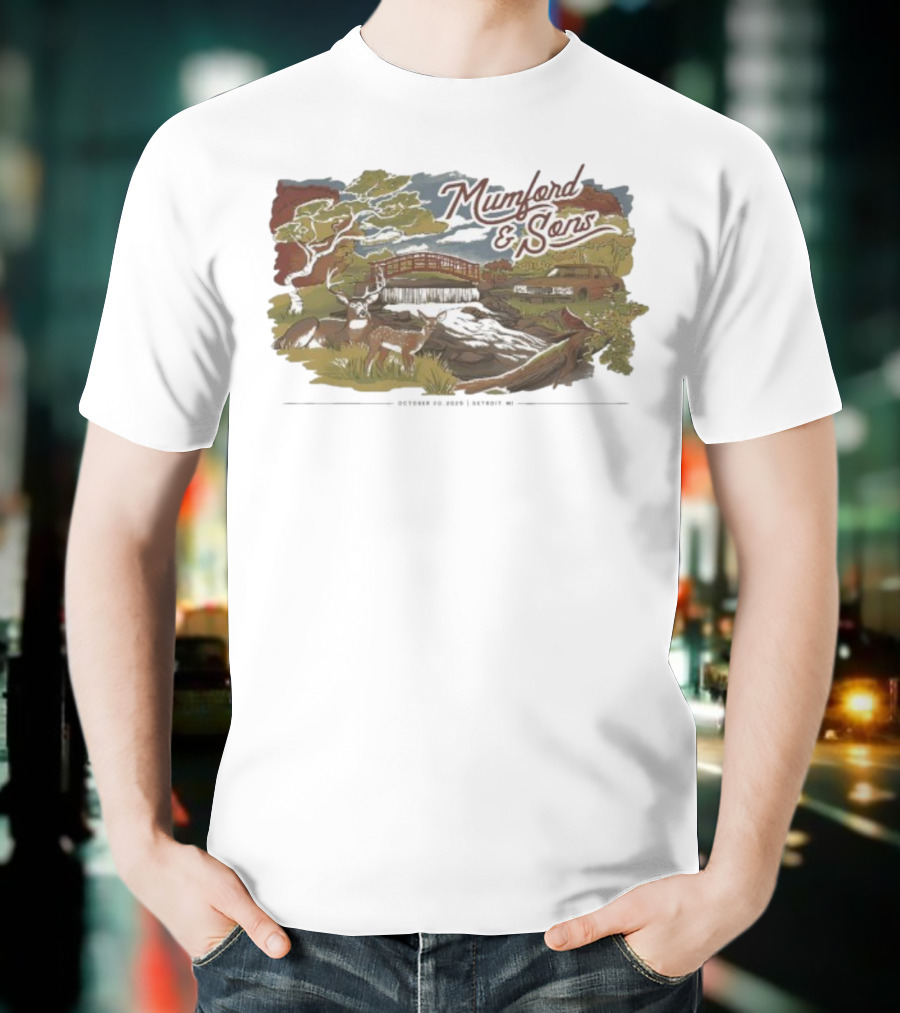 Mumford & Sons Little Caesars Arena Detroit MI October 20 2025 Deers Bridge And Stream Scene T-Shirt