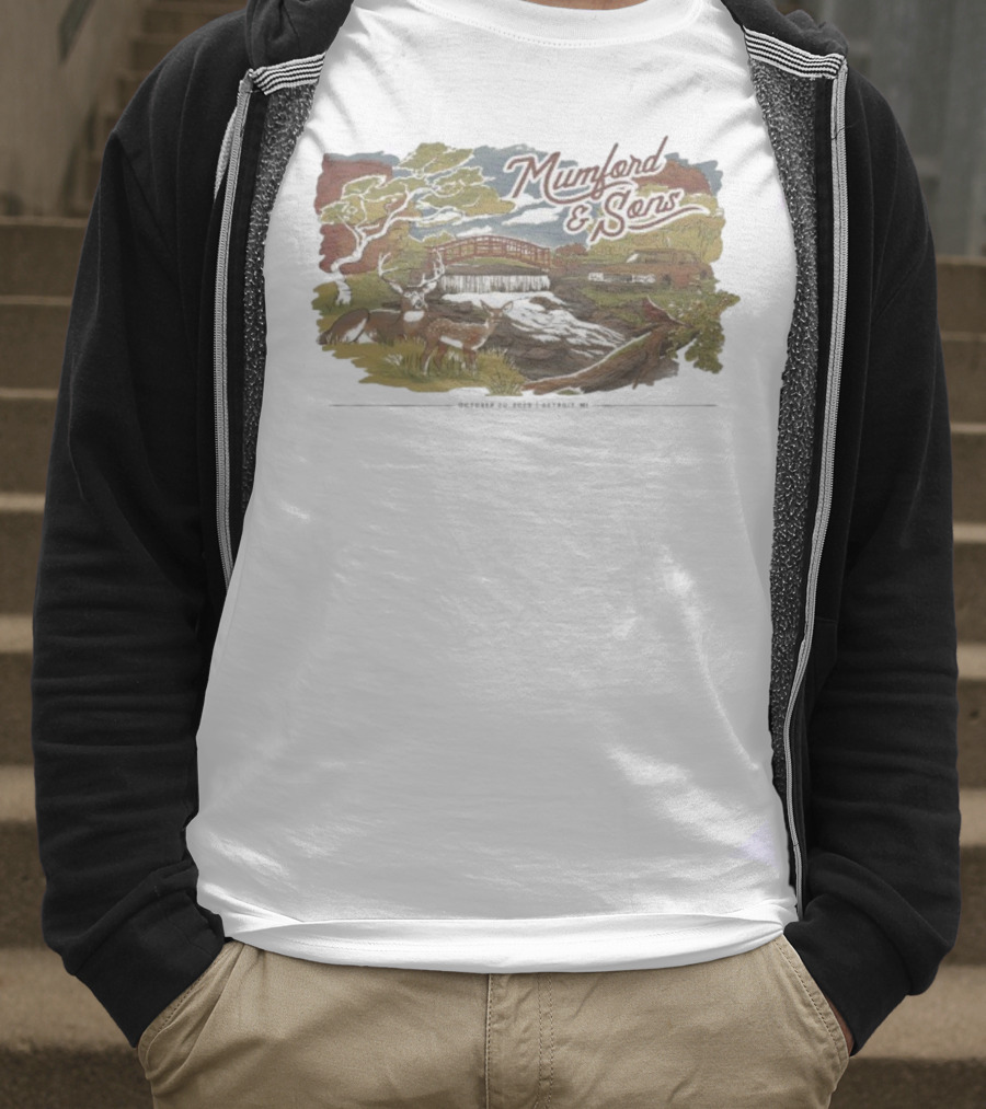 Mumford & Sons Little Caesars Arena Detroit MI October 20 2025 Deers Bridge And Stream Scene T-Shirt