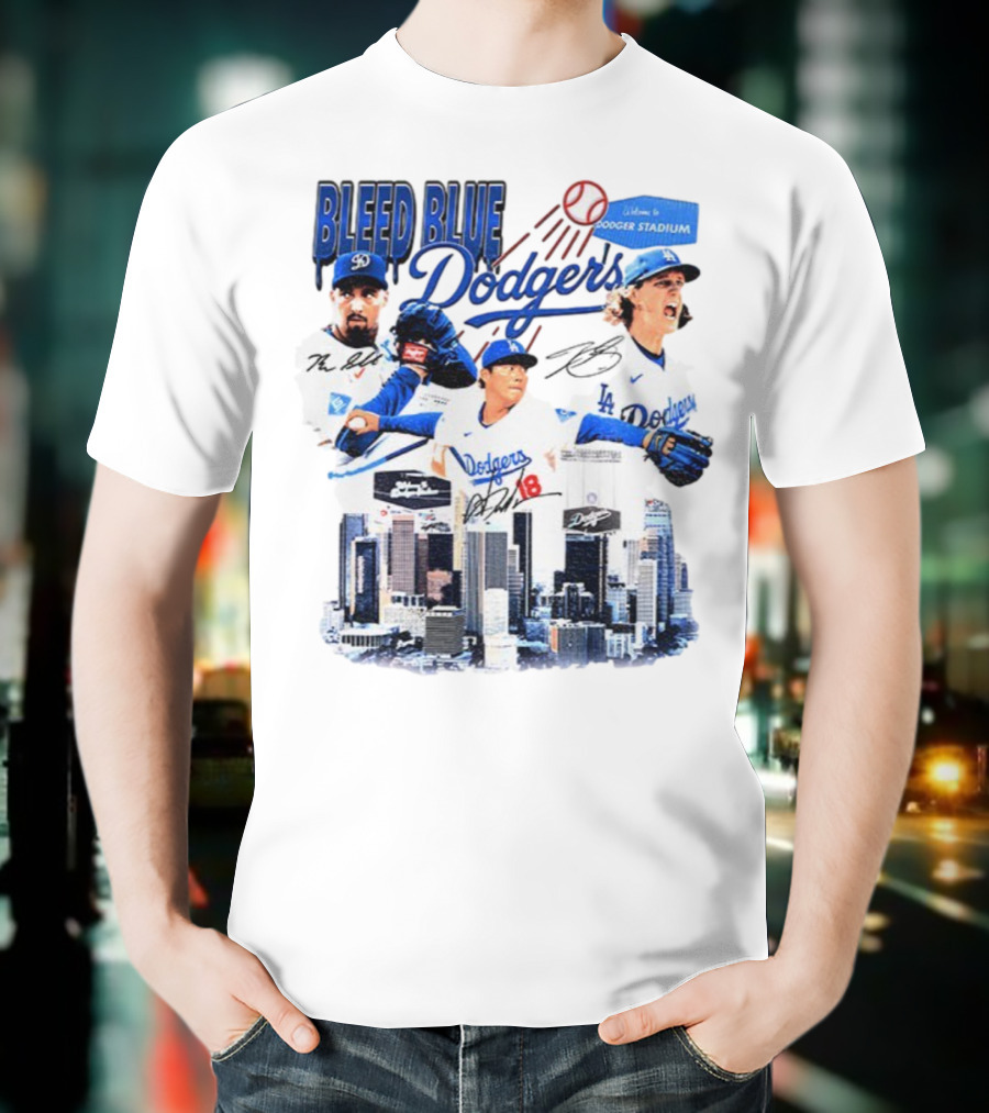 Bleed Blue Dodgers Shohei Ohtani Mookie Betts Yoshinobu Yamamoto Los Angeles Signatures Dodger Stadium T-Shirt