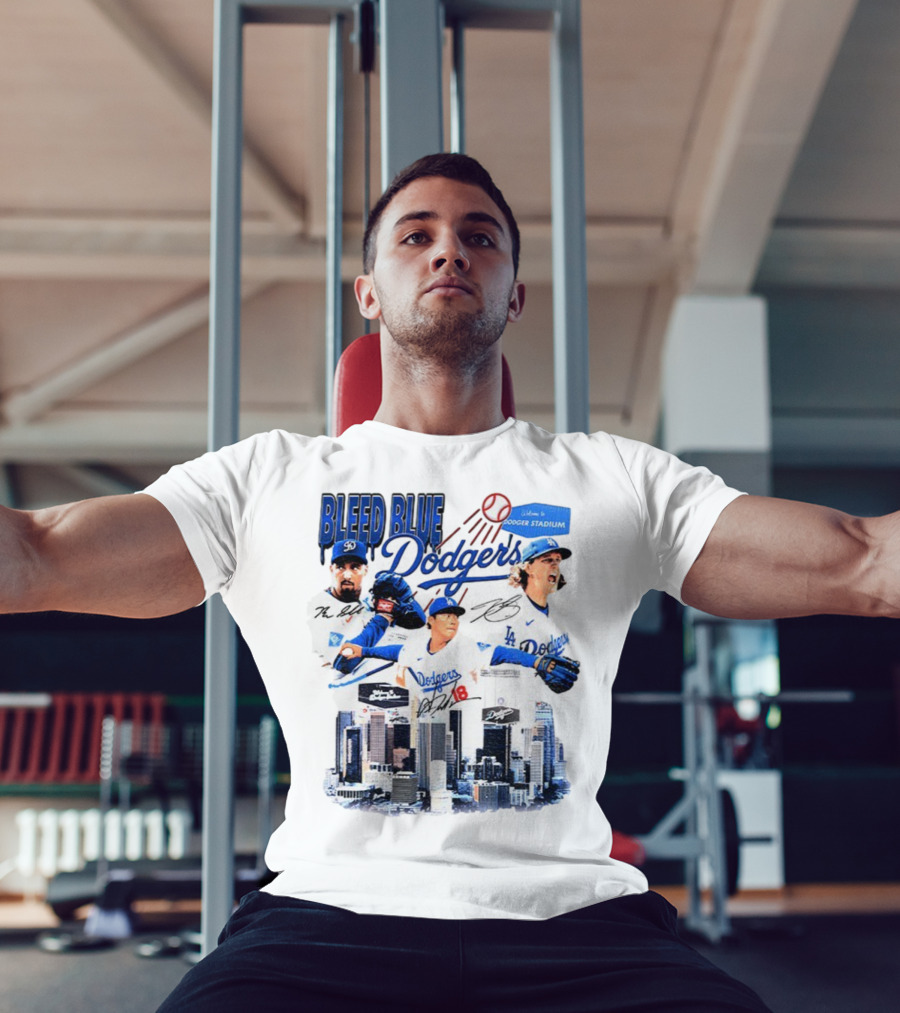 Bleed Blue Dodgers Shohei Ohtani Mookie Betts Yoshinobu Yamamoto Los Angeles Signatures Dodger Stadium T-Shirt