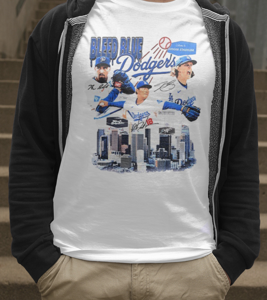 Bleed Blue Dodgers Shohei Ohtani Mookie Betts Yoshinobu Yamamoto Los Angeles Signatures Dodger Stadium T-Shirt