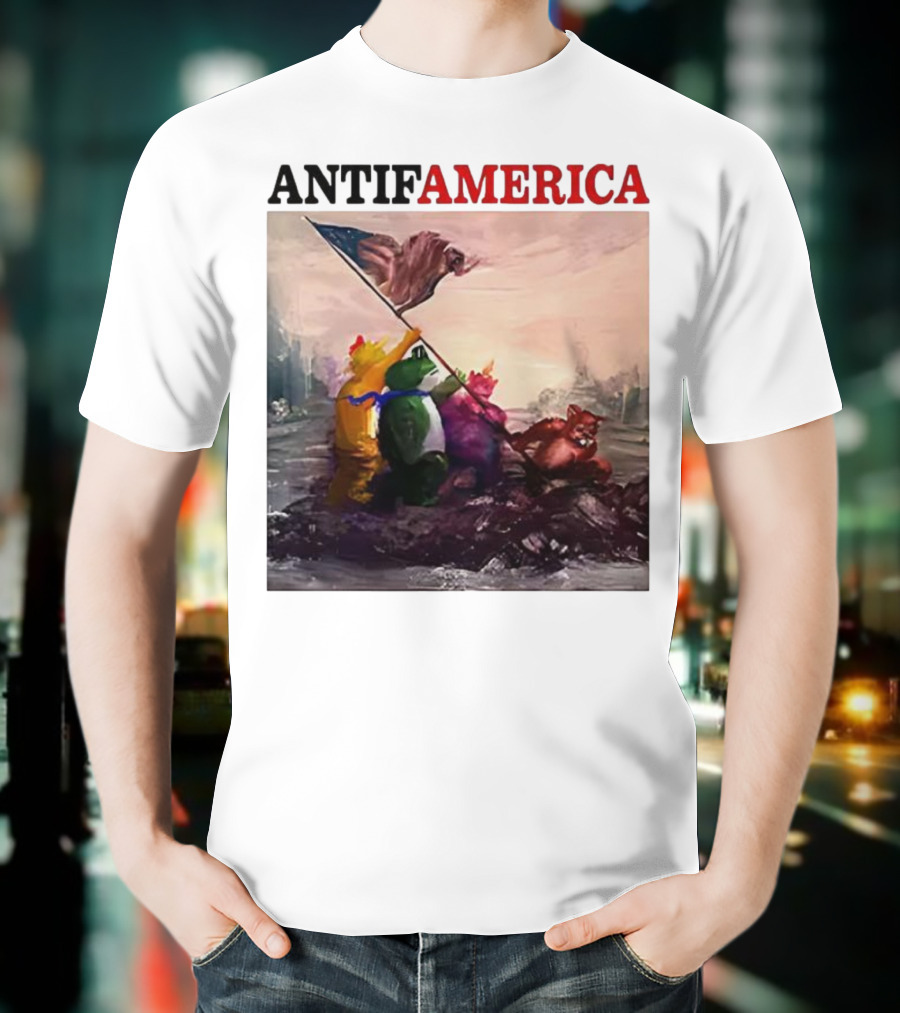 Antifamerica Portland Frog Parody Of Iconic Historical Scene With Bold Characters And Flag T-Shirt
