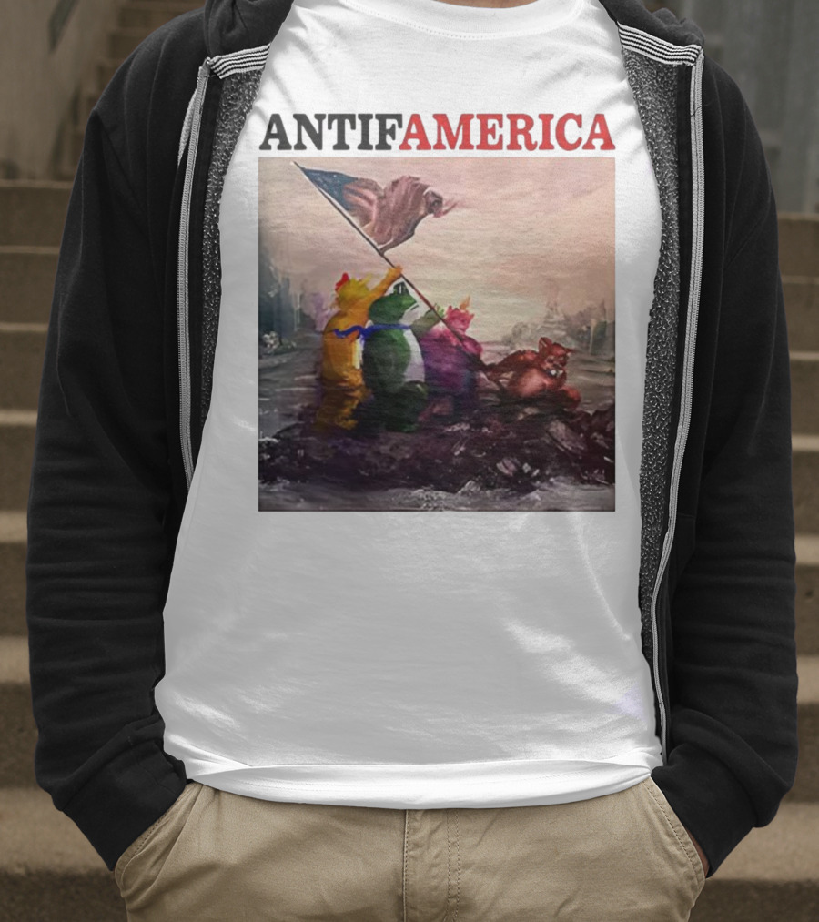 Antifamerica Portland Frog Parody Of Iconic Historical Scene With Bold Characters And Flag T-Shirt