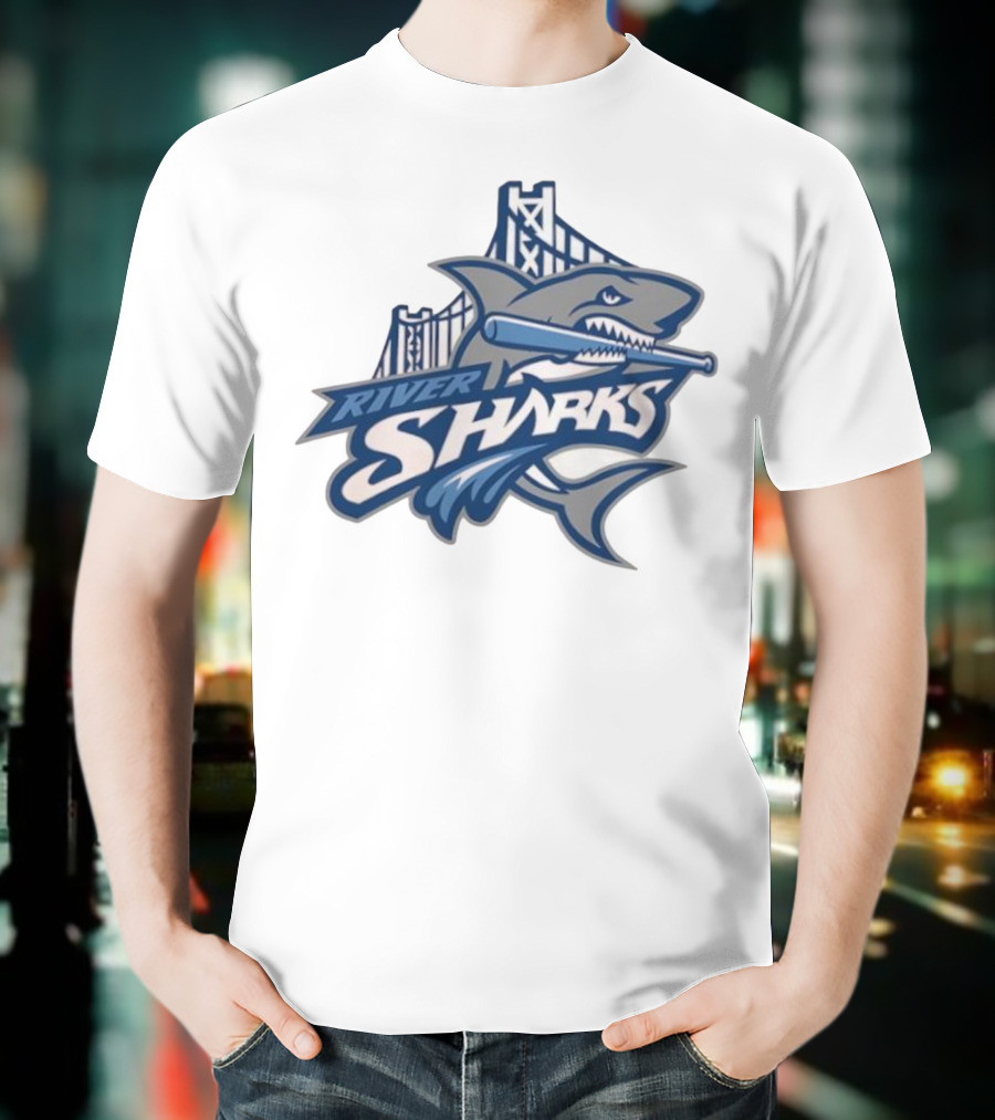 Camden Riversharks Baseball Team River Sharks Text With Shark And Bridge Imagery T-Shirt