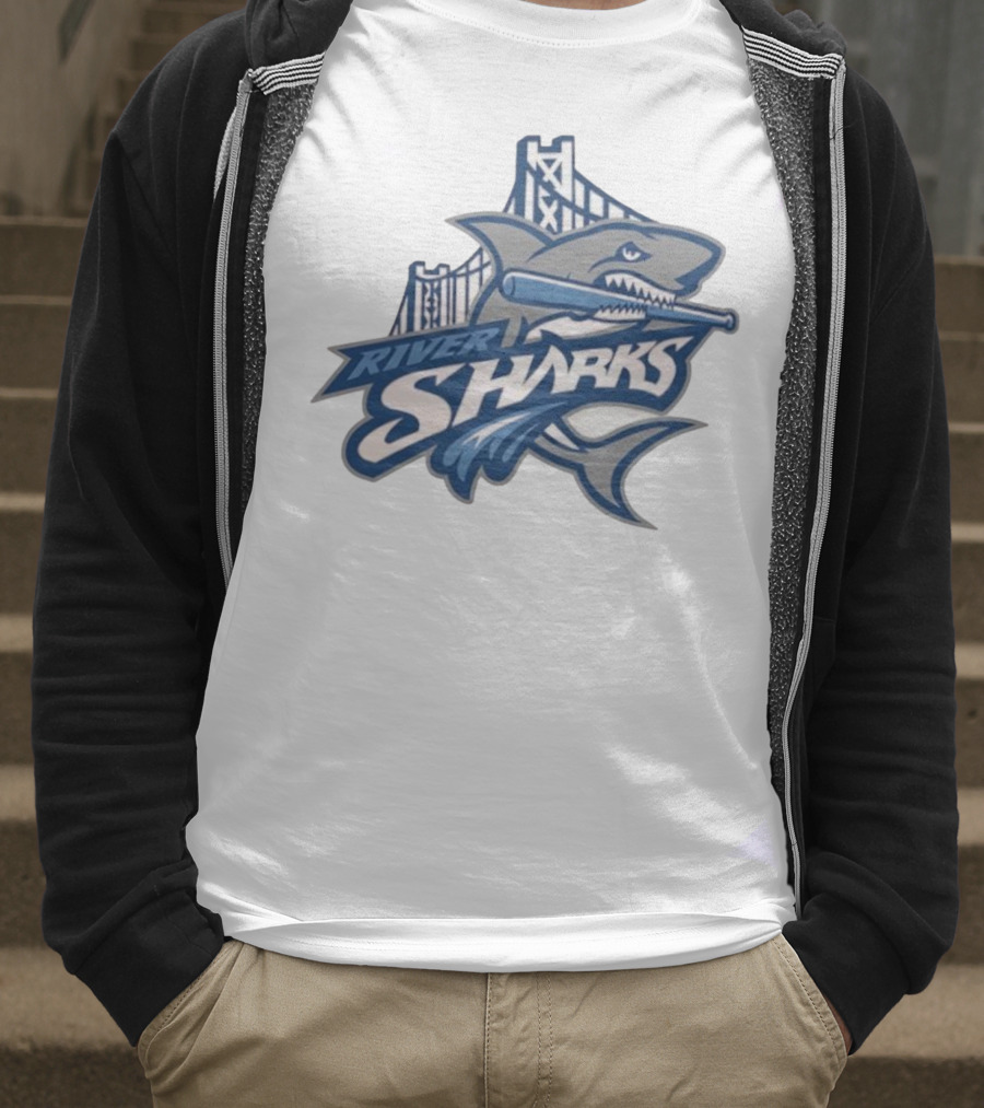 Camden Riversharks Baseball Team River Sharks Text With Shark And Bridge Imagery T-Shirt
