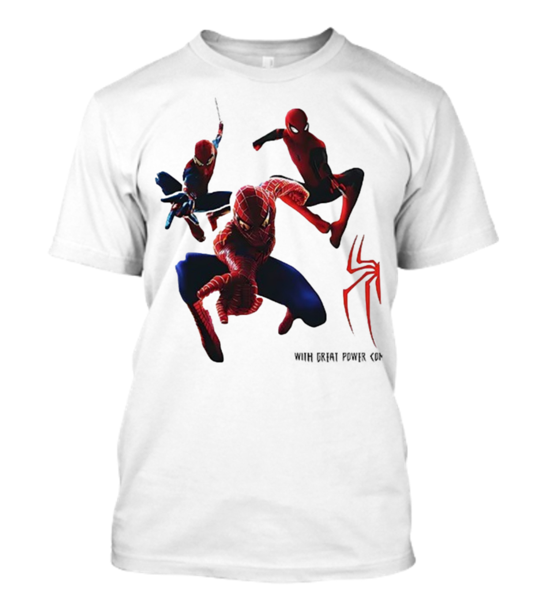 Spider Man Daily Bugle With Great Power Comes Great Responsibility Spider Logo Trio Suit Styles T-Shirt