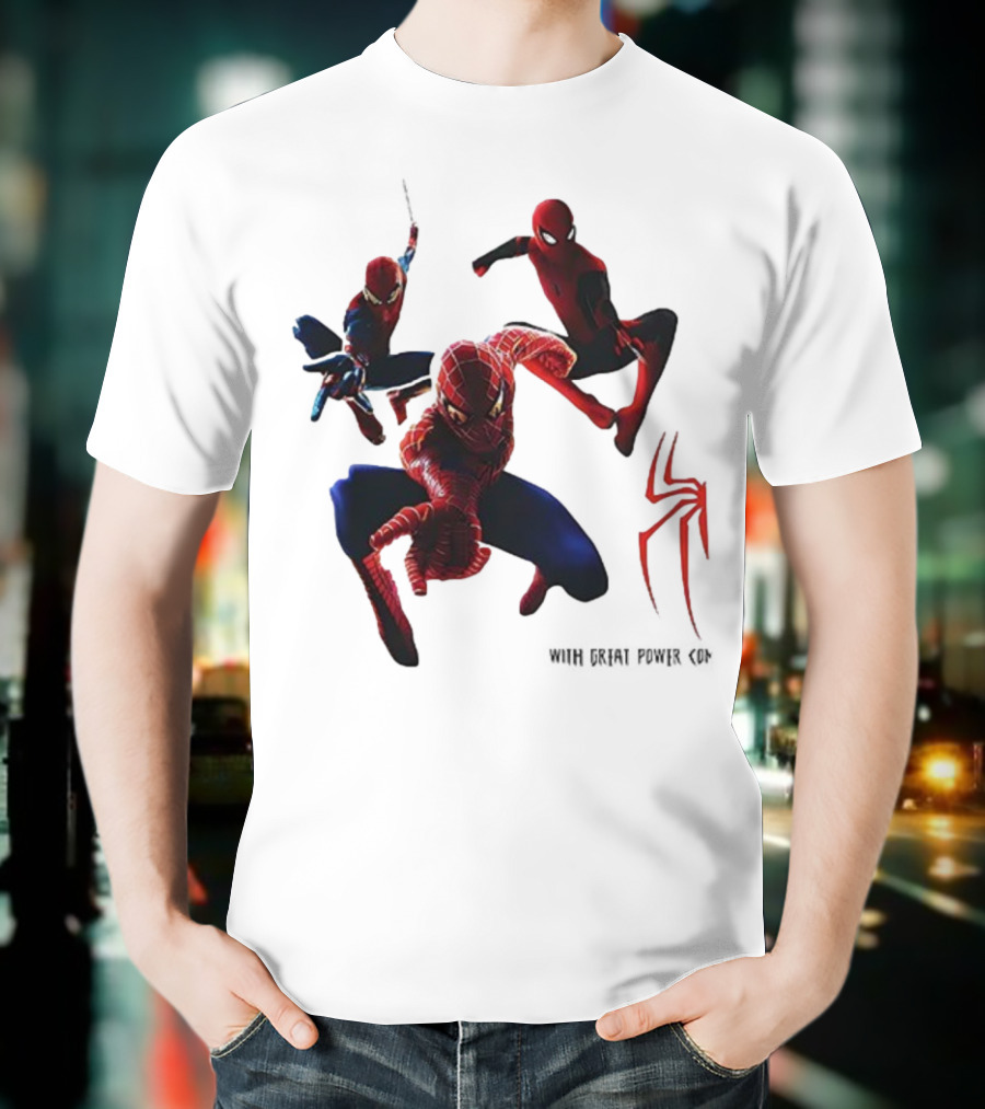 Spider Man Daily Bugle With Great Power Comes Great Responsibility Spider Logo Trio Suit Styles T-Shirt